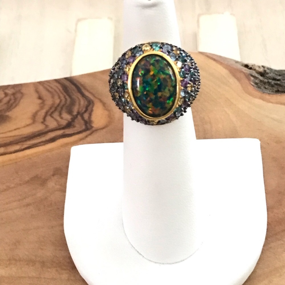 UTC Gold Vermeil Faux Opal Dome Ring Pave Crystals size 5